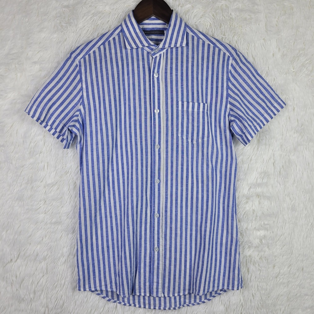 Grey Daniele Alessandrini Mens Blue White Striped Linen Cotton Shirt Italy 38 15